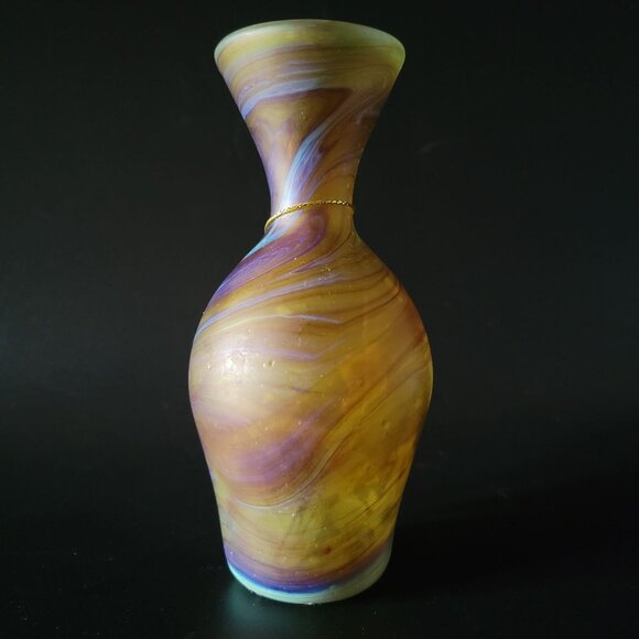 Handblown Phoenician Style Vase, Phonecician Bud Vase Brown and Blue 5.375" - Picture 4 of 8